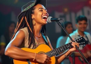 mulher negra tocando violão e cantando no microfone simulando karaokê