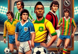 Imagem nostálgica de futebol mostrando jogadores icônicos, como Pelé e Zico, usando uniformes amarelos vintage do Brasil em um estádio lotado com iluminação retrô. A cena retrata ação intensa com uma bola de couro clássico em movimento, evocando o espírito dos anos 70.