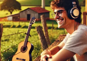 Pessoa sorridente usando fones de ouvido enquanto ouve música ao ar livre, com um cenário de campo ao fundo, incluindo um violão apoiado em uma cerca. A imagem transmite tranquilidade e conexão com a música sertaneja.